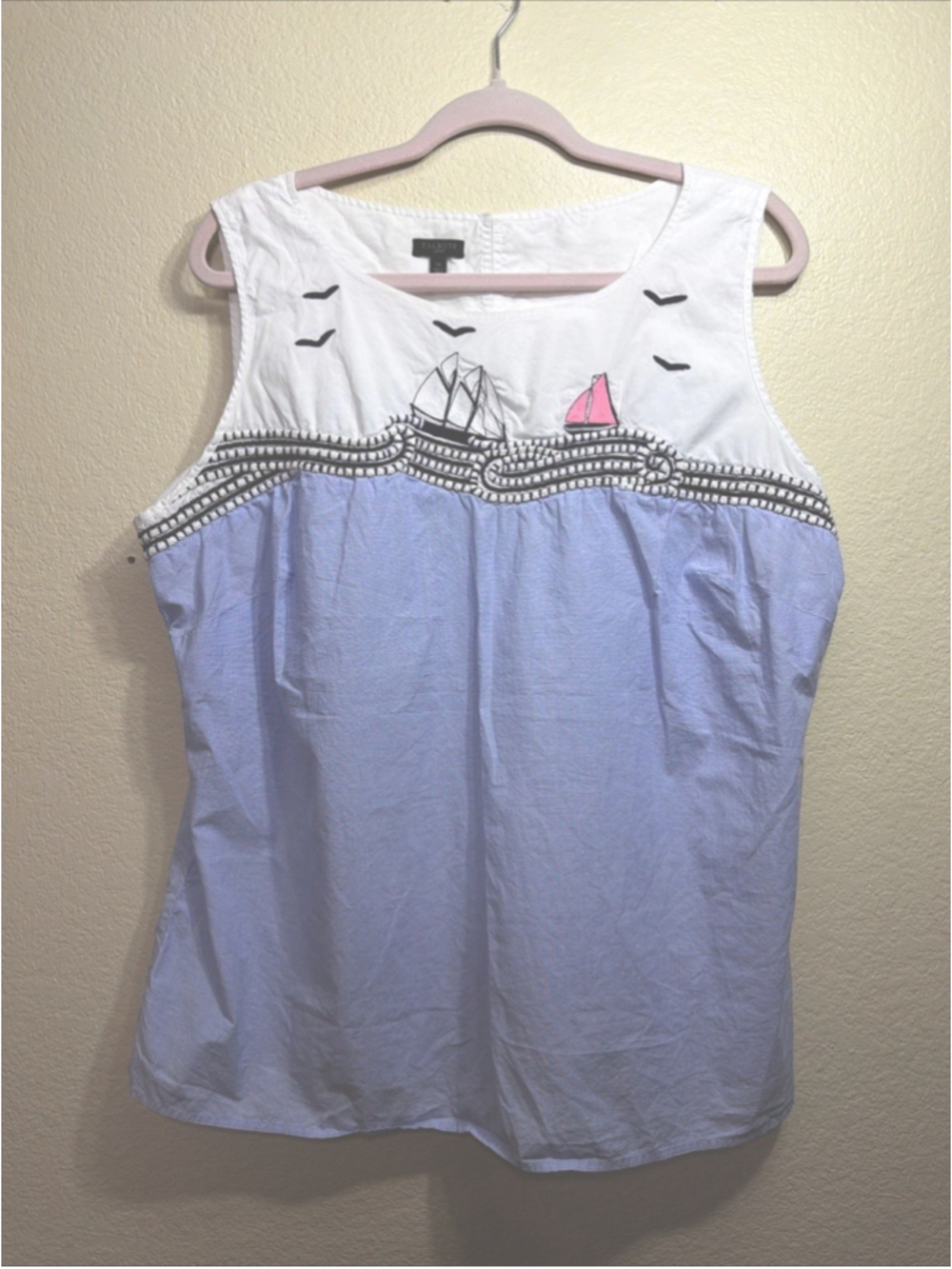 Talbots Chambray Sleeveless Sailboat Blouse 1X Nautical Sailing